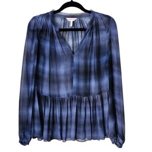 Rebecca Taylor Blue Silk Plaid Sheer V Neck Ruffle Blouse size 2